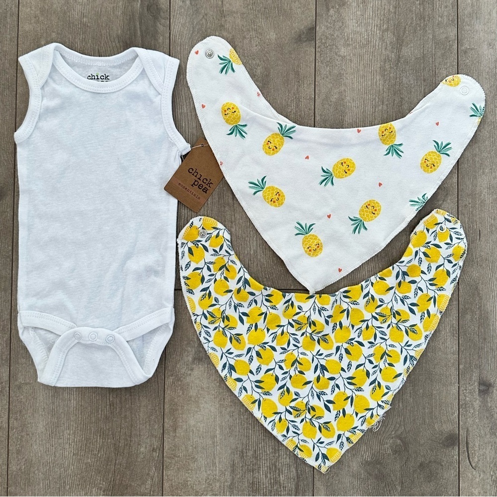 New Chick Pea Bodysuit & Two Bibs 3-6 months baby girl 
Bibs are so ADORABLE
